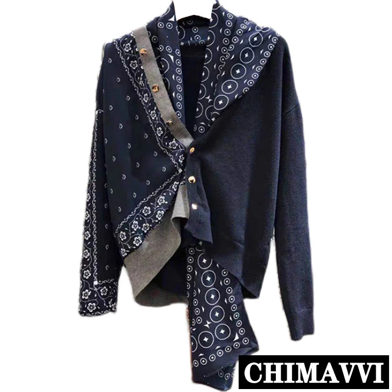 

New Autumn Fashion Women's Cardigan Sweater Causal Silk Patchwork Full Sleeve Scarf Collar Loose Elegant Knitted Sweaters