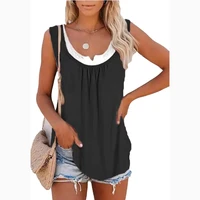 2021 spring and summer new womens large size top solid color stitching sleeveless pleated vest t shirt