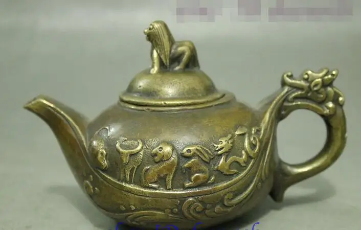 Китай бронзовый медный лев голова 12 зодиака год Дракон Лошадь статуя чайник с