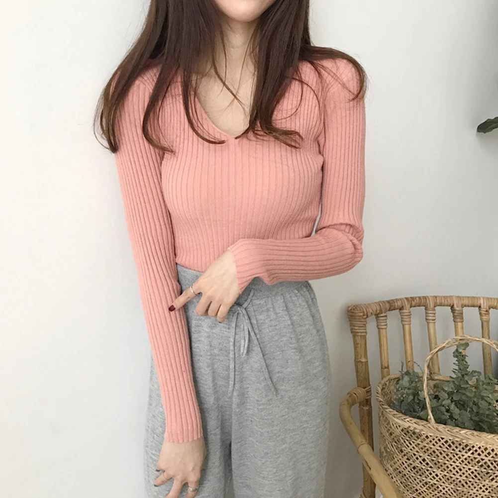 

Autumn Sweater Women Casual Slim V-Neck Bottoming Sweaters Solid Color Winter Basic Tops Wild Long Sleeve Pullover Tops New
