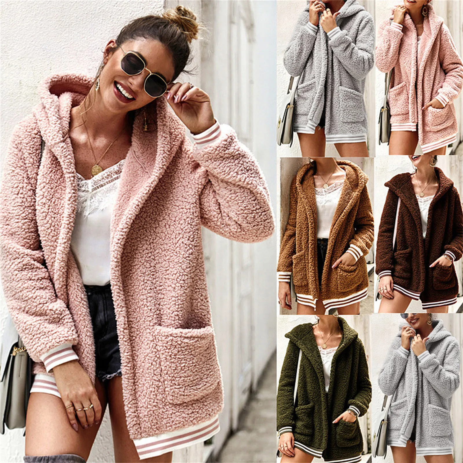 

Womens Winter Solid Fleece Hooded Warm Coat Stripe Cardigans Outwear With Big Pocket