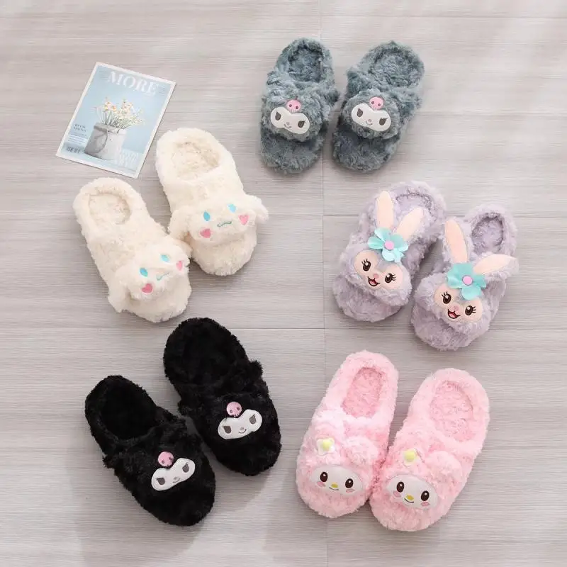 

Cartoon Kawaii Cinnamoroll MyMelody Kuromi Plush slippers Half-pack heel slippers Autumn Winter Keep warm home slippers for Girl