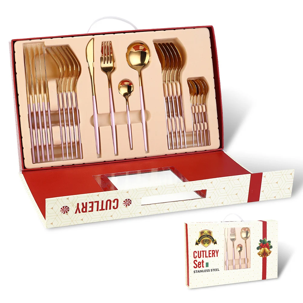 

24pcs Tableware Stainless Steel Cutting Tool Portable Rustproof Fork Spoon Dinnerware Set Christmas Mirror Finish Easy Clean