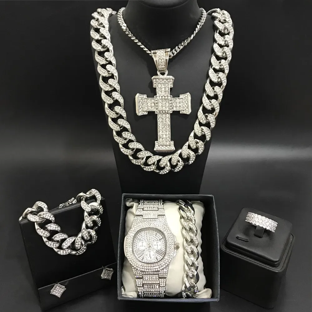 Роскошные мужские часы серебряного цвета, ожерелье, браслеты, кольцо и серьги, комплект с кубинским кристаллом, ожерелье в стиле хип-хоп для ...