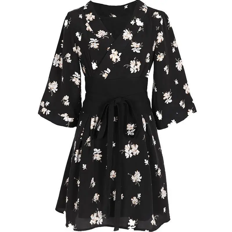 

2021 New Spring Summer Women's Chiffon Floral Dress Female Elegant High Waist Small Black dresses Feminino Vestidos Mini Dress