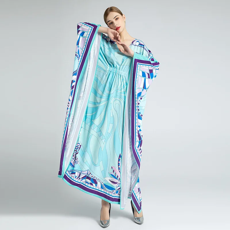 

Fashion V-neck Dress Women Slimming Loose Plus Size Batwing Sleeve Dress High-end Print Lady Robe Full-Sleeve Dress Floor-length