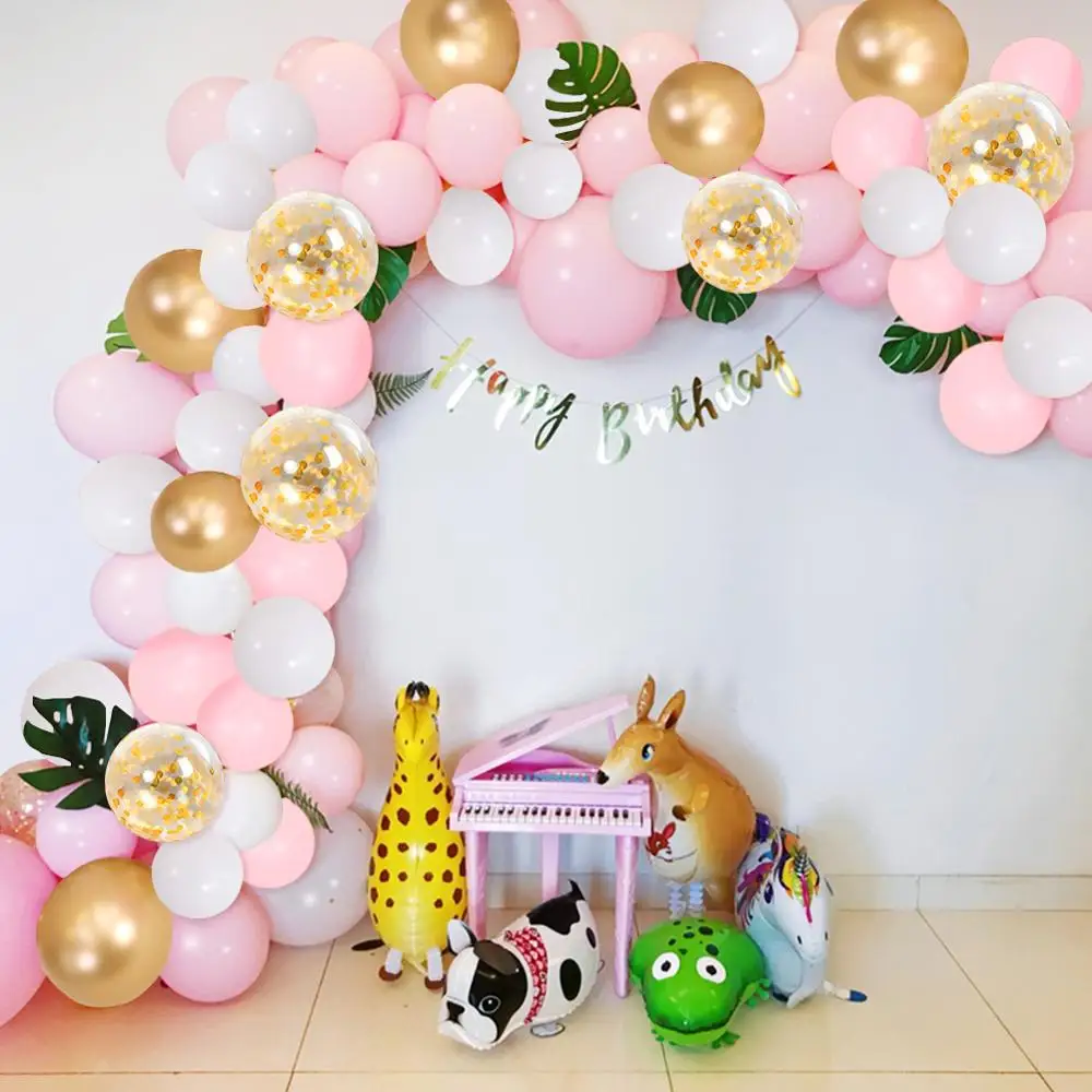 

133Pcs Pink Balloon Garland Arch Kit White Gold Latex Balloons for Girl Birthday Party Wedding Decoration Artificial Palm Leaves
