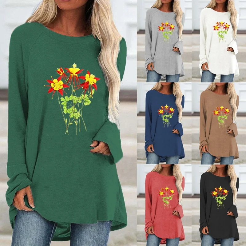 

Spring Autumn Lady Fashion Plus Size Long Sleeved Round Neck Flowers Print Sweatshirt Women Casual Fashion Loose Tops & Blouses