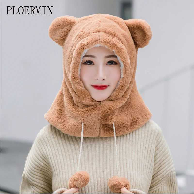 PLOERMIN новые милые Мультяшные уши Skullies Beanies кроличий мех вязаные шапки зимние толстые теплые мягкие Твердые крышки Зимние женские шапки