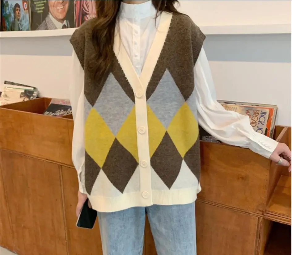

Women's Sweater Cardigan Rhombus Pattern Sleeveless Cardigan Spring Autumn Ladies Loose Casual Sweater Knitwear