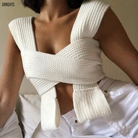 2021sleeveless knitted crop sweater sexy summer fashion vest black casual white jumper bandage top female pullover y2kstreetwear