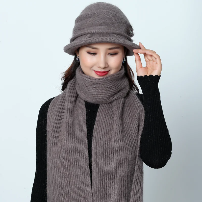 Женский комплект для мамы, зимний шарф, шапка, набор для женщин, шапка из кроличьего меха, фетровые шапки, зимняя вязаная женская панама, теплая