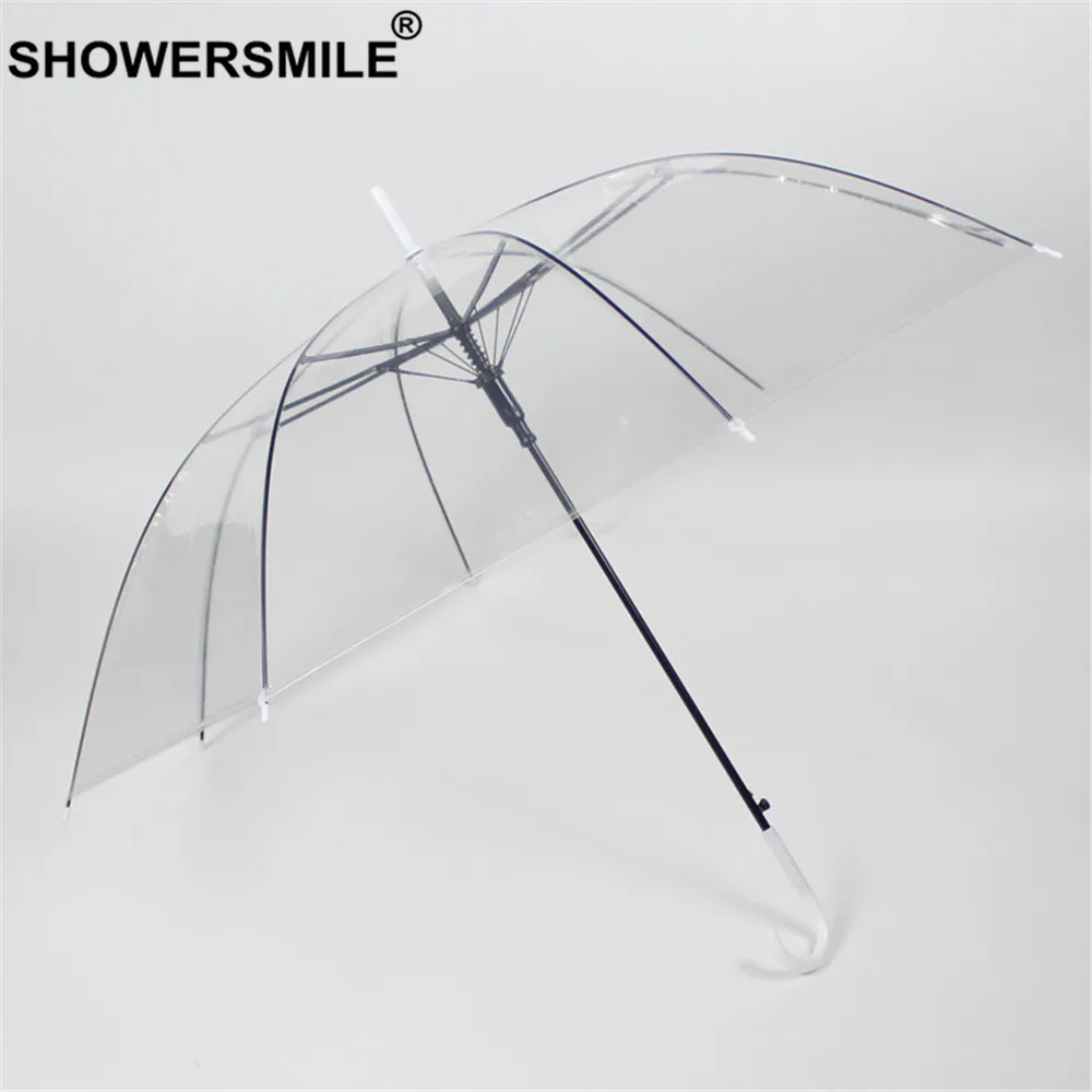Прозрачный зонт SHOWERSMILE дождевой женский зонтик с длинной ручкой прозрачный