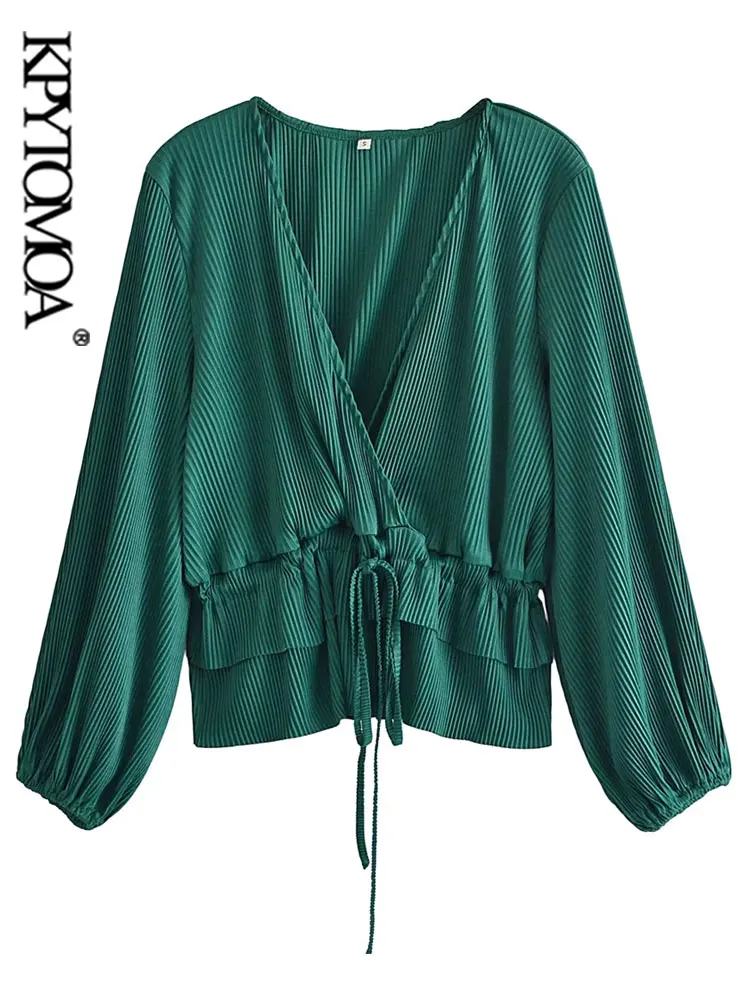 

KPYTOMOA женские модные с кулиской плиссированные блузки винтажные женские рубашки с V-образным вырезом и длинным рукавом Блузы шикарные топы
