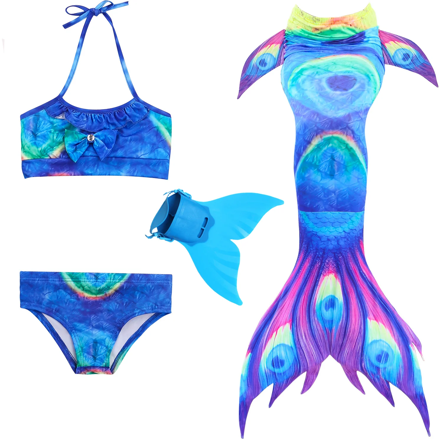 

4Pcs Mermaid Costume Swimsuit with Monofin Bikini Dress Kids Mermaid Tail for Girls Swimmable Swimming Suit