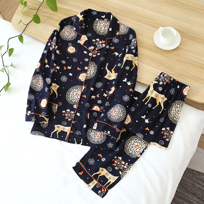 

5 Colors Women Viscose Pajamas Spring And Summer 2 Piece Female Home Wear Long Sleeve And Long Trouser Loose Pajamas Suit