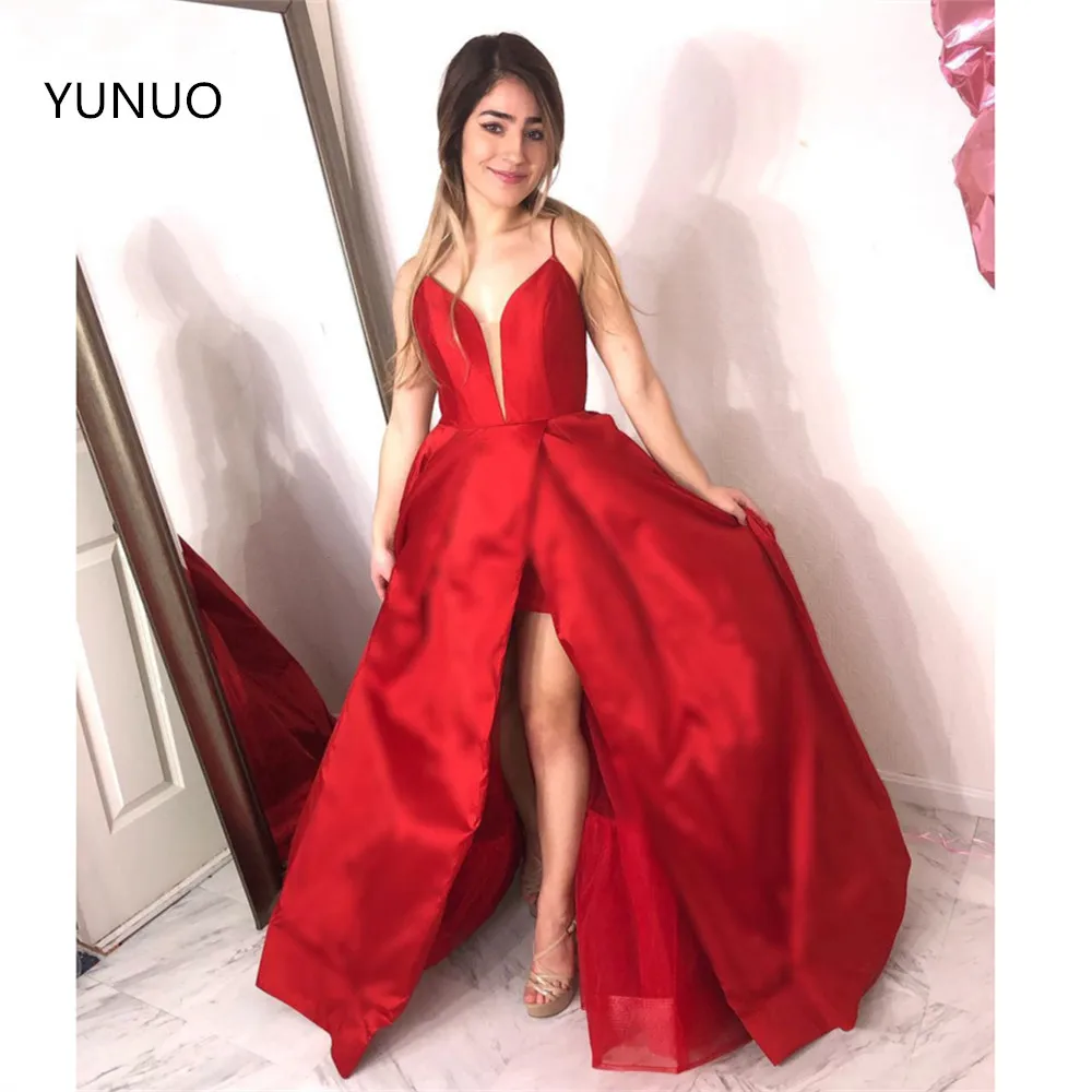 

YUNUO Иллюзия ТРАПЕЦИЕВИДНОЕ атласное красное платье для выпускного вечера с разрезом vestido de fiesta на тонких бретельках Длинные вечерние платья...