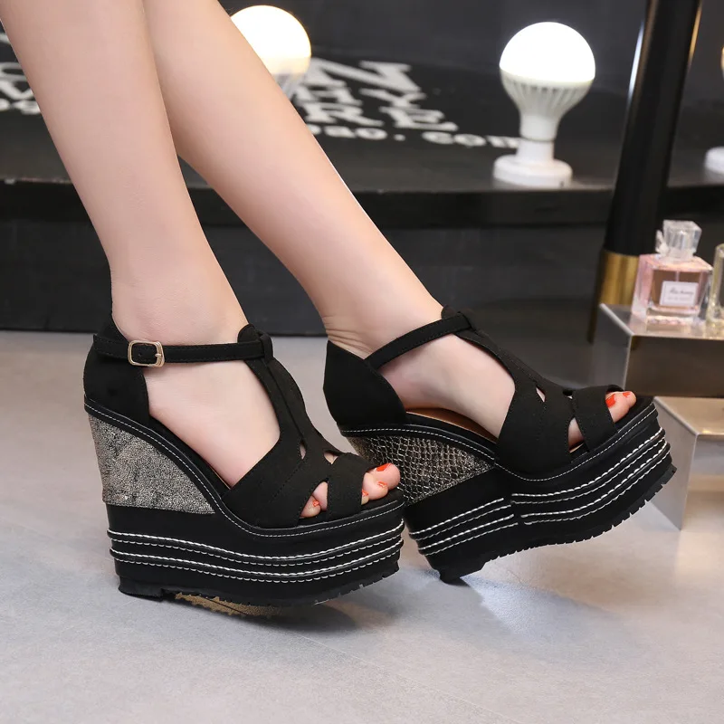 

New sweet small super high heel sandals small slope heel stage fashion muffin thick heel thick bottom nightclub