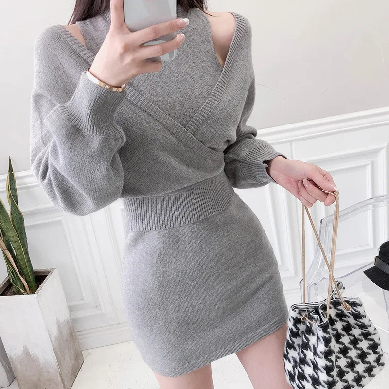 Backless Batwing Blouse and Sleeveless Mini Knitted Sweater Dress Women Autumn Winter New Arrival Korean Style Solid 2 Piece Set |
