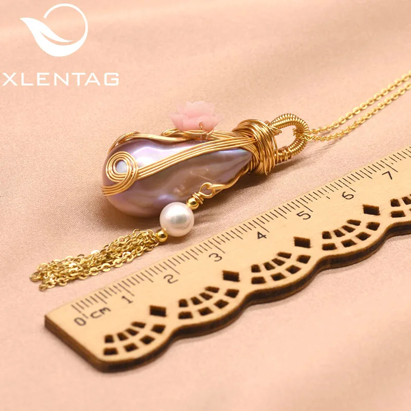XlentAg, 925 пробы, серебряное ожерелье с подвеской для женщин, натуральный большой барочный жемчуг, цветок, ручной работы, ожерелье, бижутерия для женщин GN0121