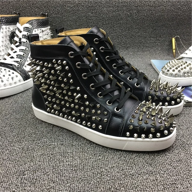 

New colorful rivet decoration high-top patchwork leather men's shoes luxury brand red sole casual fashion expert shoes couple sh