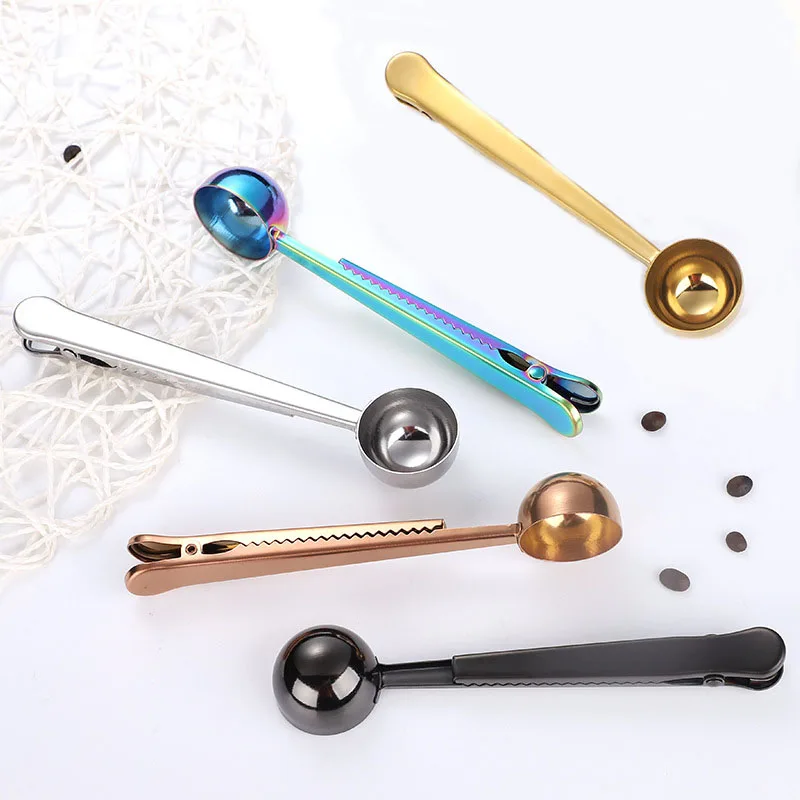 

Two-in-one Multifunction Coffee Spoon Stainless Steel Kitchen Supplies Scoop With Bag Seal Clip Coffee Measuring Spoon