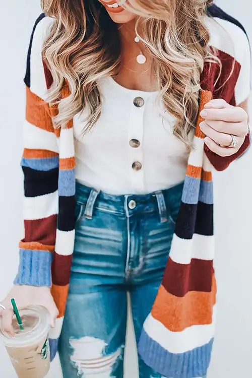 orange striped Осень, женское разноцветное Полосатое ДРАПИРОВАННОЕ кимоно, Свободный кардиган, пэчворк, длинный рукав, открытая передняя часть, Повседневные вязаные свитера, пальто - Цвет: orange striped