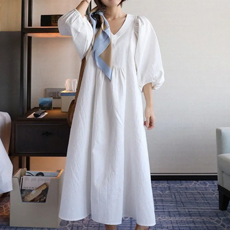 

2020 Spring New Casual Fashion Temperament Women Loose Plus Solid Color V-neck Lantern Sleeves Waist Dress U397