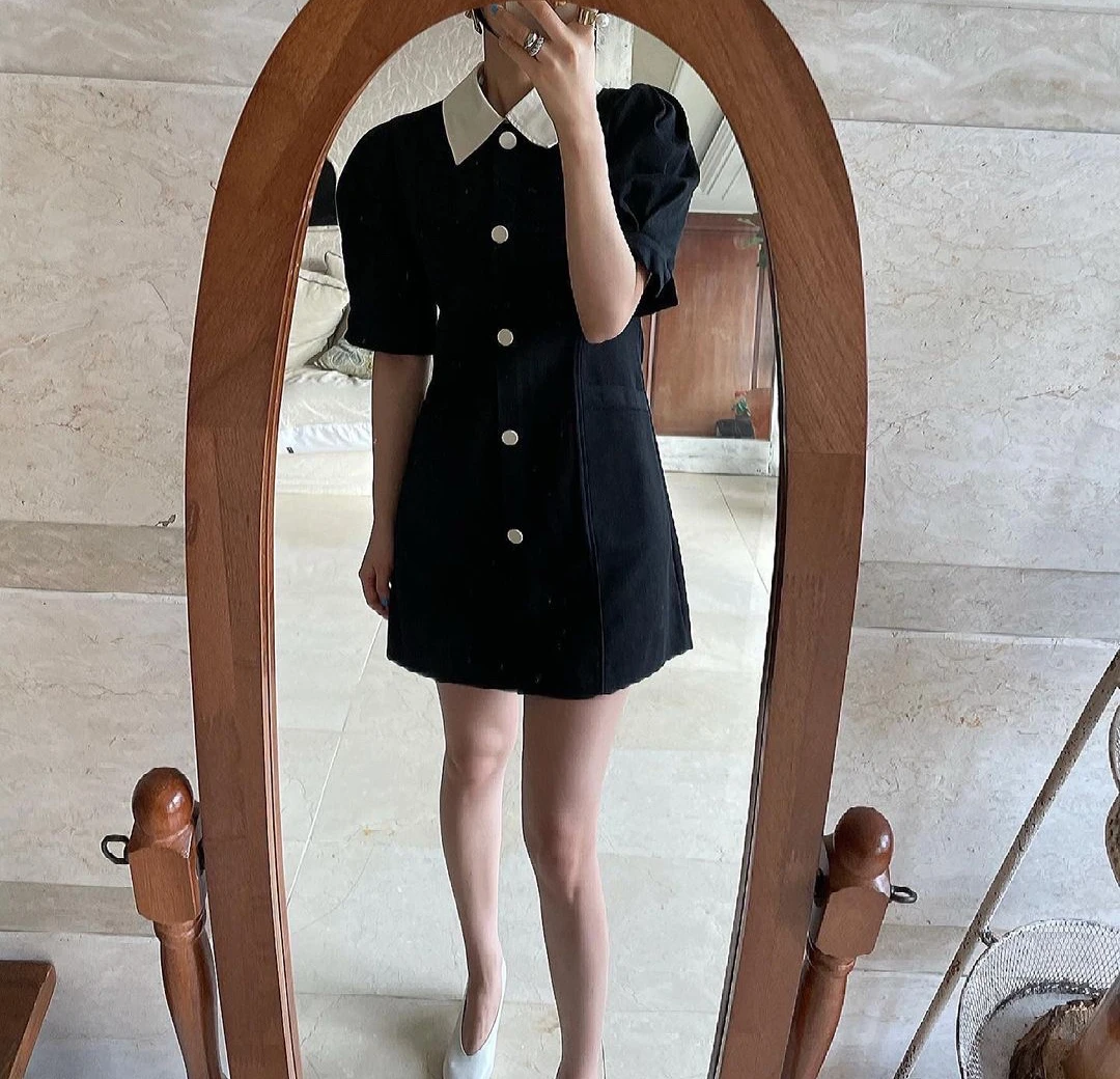 

Kimotimo Korean Dress Women Summer French Vintage Turn-down Collar Color Contrast Single Breasted Slim Waist Short Dress Femme