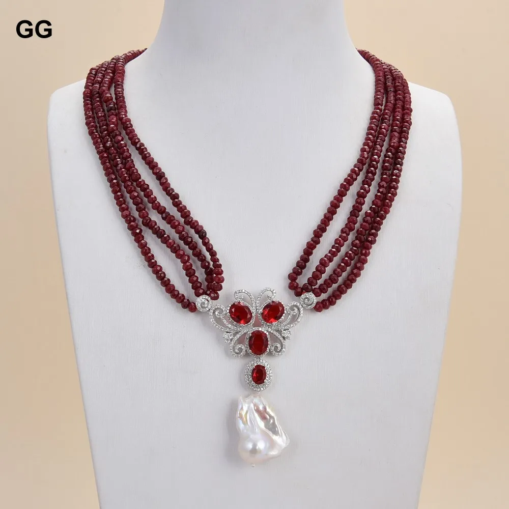 

GG Jewelry 19'' 4 Strands Red Jade Necklace White Keshi Pearl CZ Pave Pendant