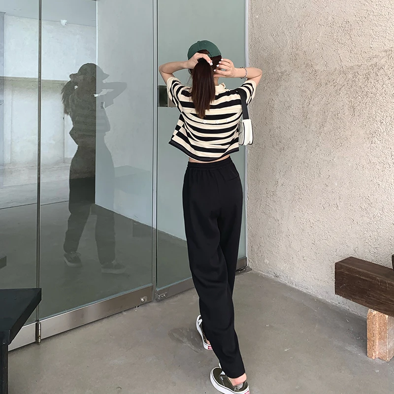 

Hzirip 2020 New Women Trouser Suit Pants Solid Drawstring Elastic Waist Straight Loose Cool Girl Casual All-Match Office Lady