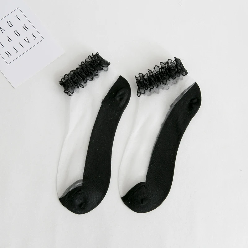 

1 Pair of Lace Crystal Socks Shallow Mouth Summer Thin Transparent Spring and Autumn Japanese Mesh Trendy Ladies Socks