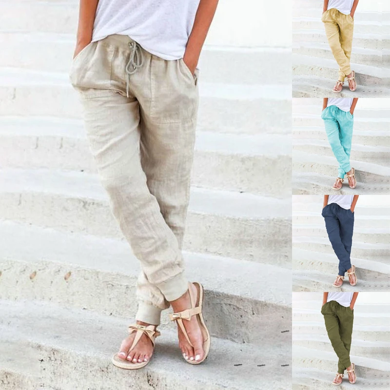 

Женские летние штаны до середины талии свободные брюки-шаровары; Длинные штаны; Одежда с карманами из хлопка и льна штаны для йоги 5 Цвета S-3XL