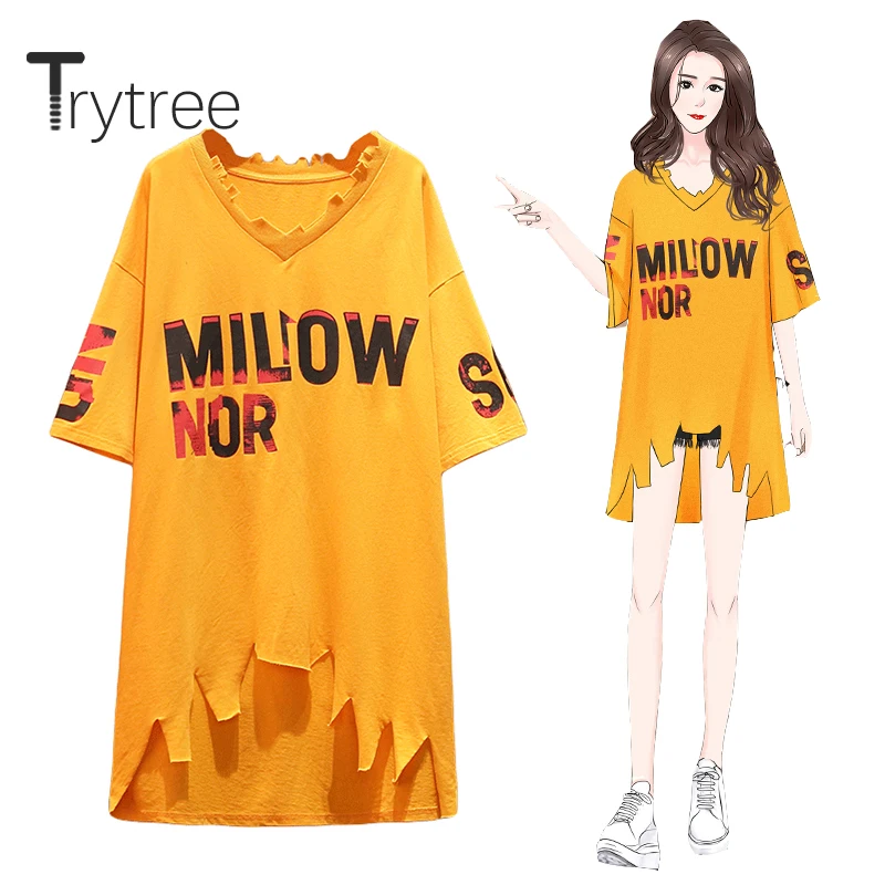 

Trytree 2020 Summer Shirt Dress Women Casual V-neck Loose Letter Irregular Fashion Elegant Mini All-Purpose Style Shirt Dress