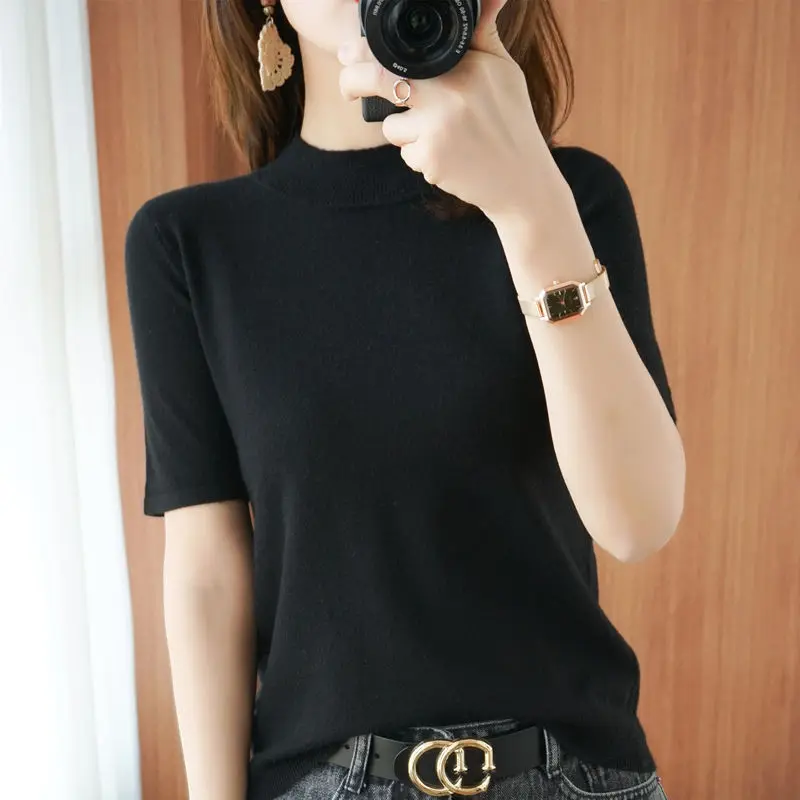

2021 summer new women's half high collar short sleeve thin knitted women's top
