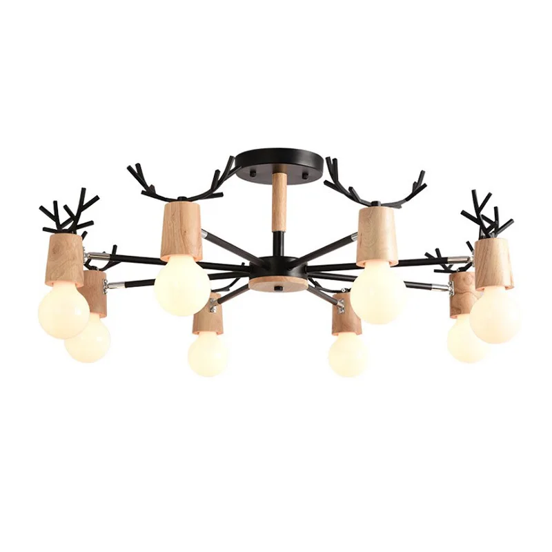

Macaron Chandelier Nordic Modern Contracted Solid Wood Deer Head Chandelier Living Room Bedroom Creative Personality Home Lamp