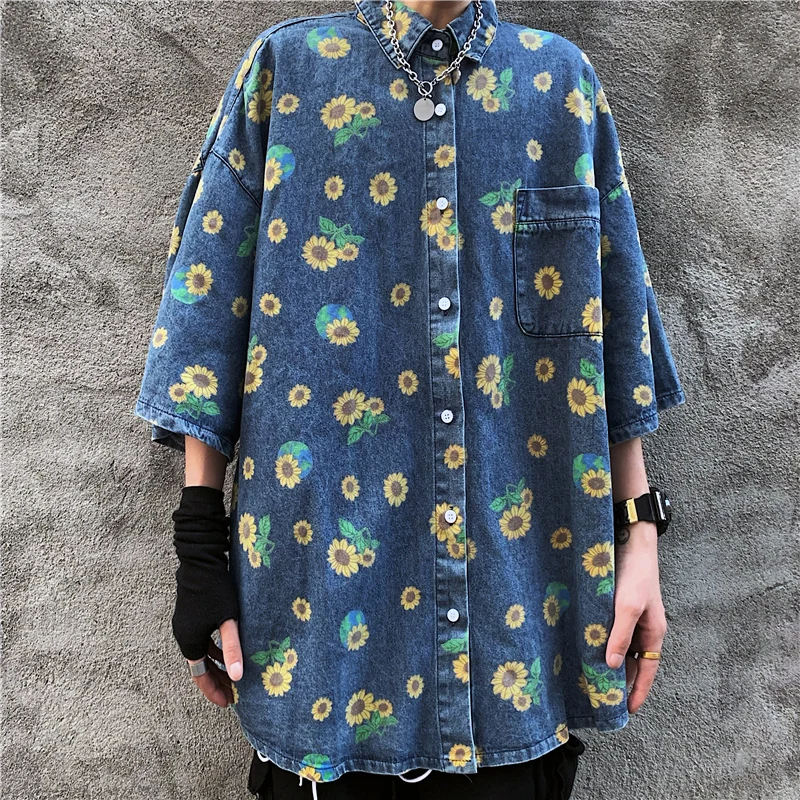 Рубашка женская джинсовая с принтом подсолнухов свободная блузка из денима в