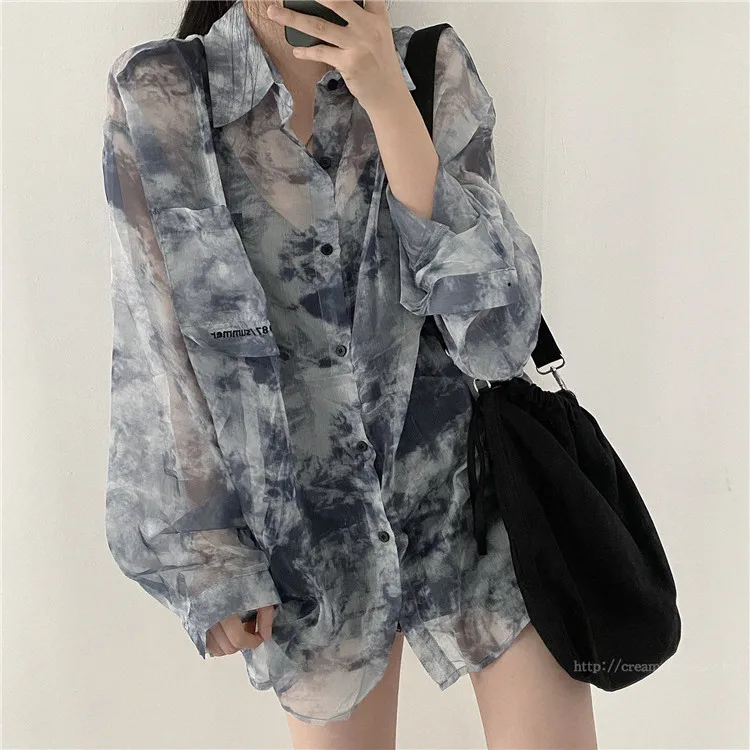 

Bornladies South Korea Chic Design Loose Long-sleeved Shirts Summer Mesh Lace See Throught Tops