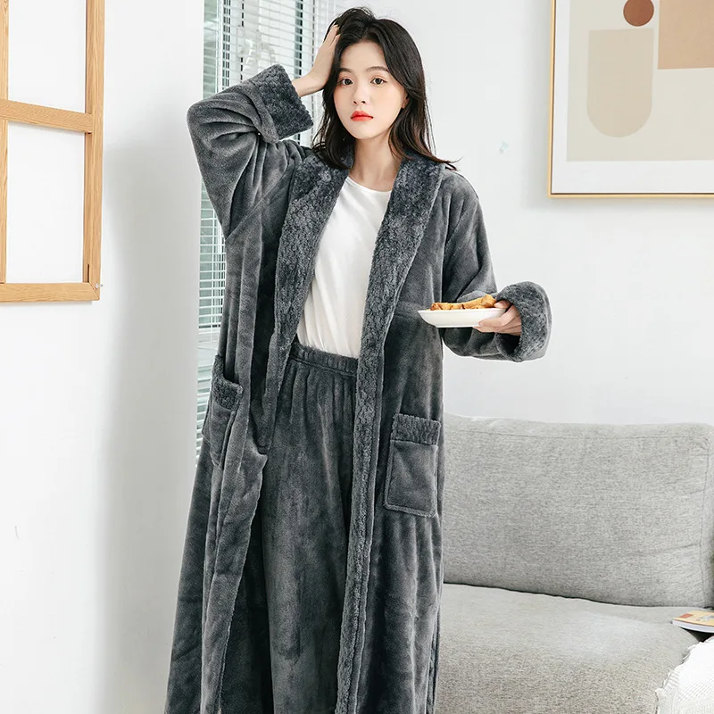 

Утолщенный длинный халат-кимоно, зимний женский халат из кораллового флиса, пижамный комплект, фланелевая одежда для сна, ночная рубашка, Св...