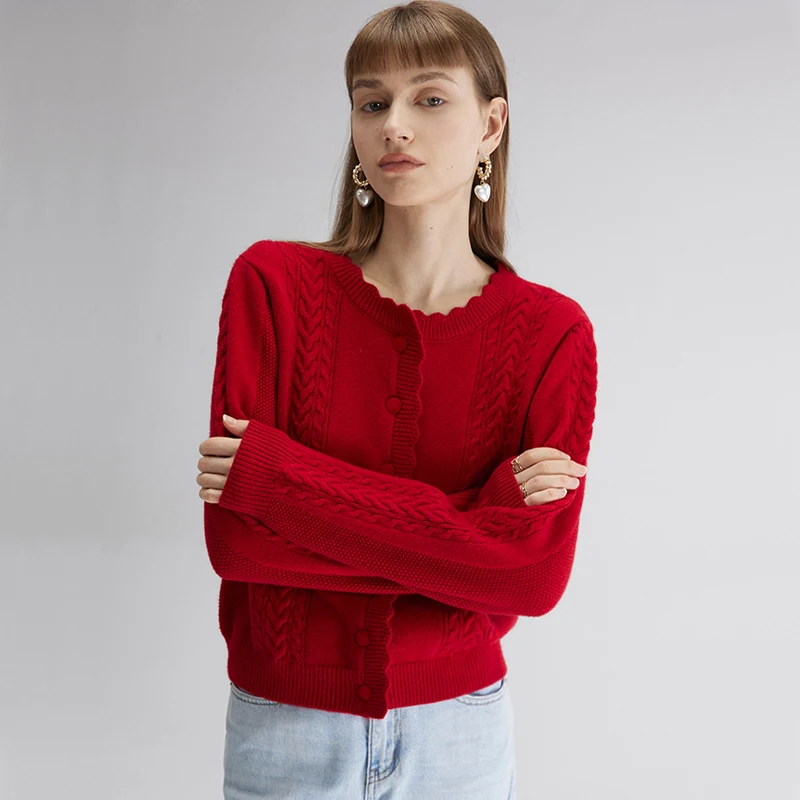 

Women Frill Neck Cable Knit Cardigan Elegant Knit Top