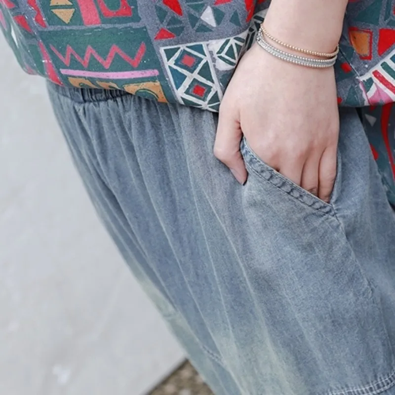 

Geometric Printed O-Neck Loose Fit Pullover Denim Tops Elastic Waist Drop Crotch Harem Calf Length Jeans Women Casual Wear Sets