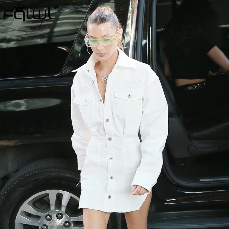 Женское платье-рубашка FQLWL повседневное белое джинсовое платье с длинным рукавом