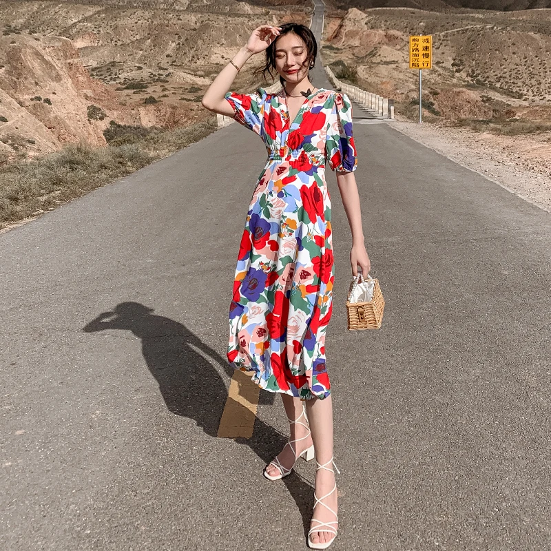 

2021 Runway Elegant Vintage Boho Korean Retro Fairy Casual Sea Beach Vacation Party Vestidos New Women Long Floral Dress Summer