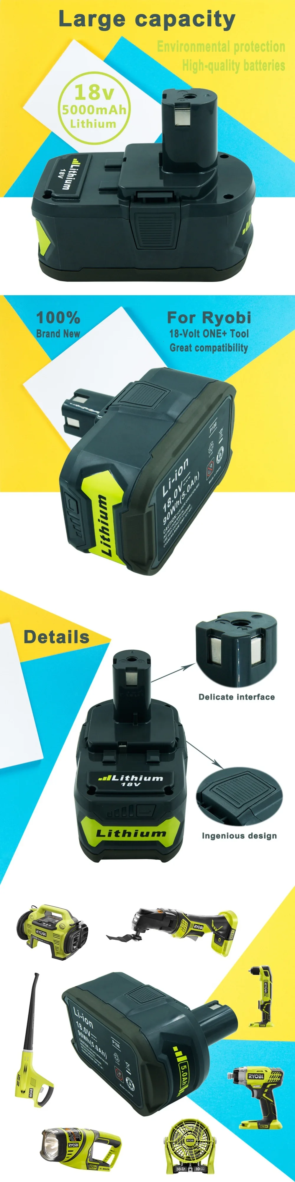 18 в 5.0Ah аккумуляторная батарея электроинструмента для Ryobi ONE+ RB18L40 P108 комплект литий-ионный батарей