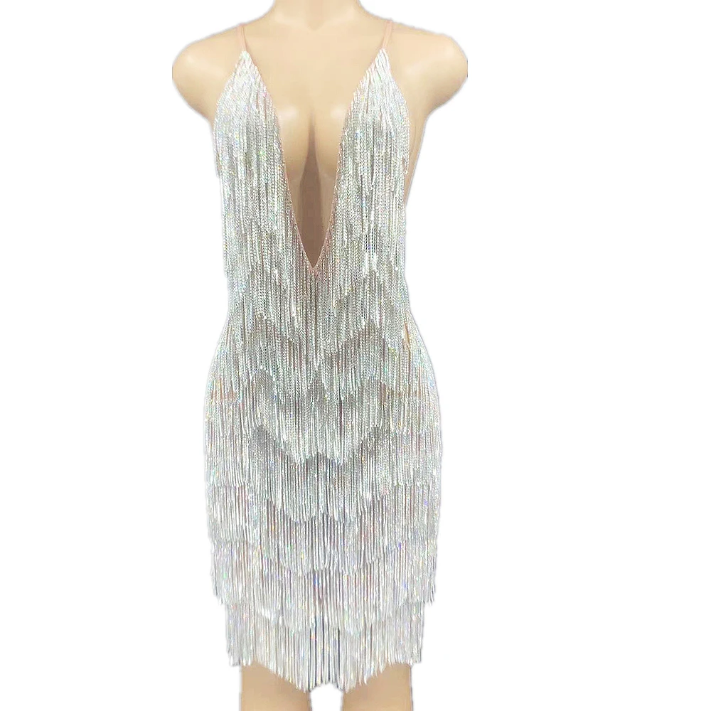 

Silver V-Neck Tassel Chain Women Dress Backless Sleeveless Performance Clothing Theatrical Costume Party Evening Costume