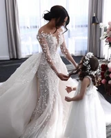 mermaid floor length bridal gown with detachable train lace wedding dress v neck white eleglant women lace custom plus size
