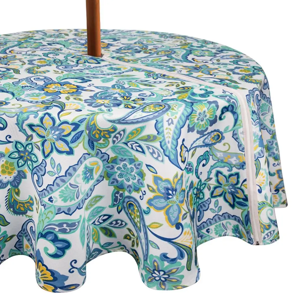 Eforcurtain Country Paisley Printed Outdoor Patio Tablecloths Waterproof Machine Washable Fabric Tablecloth with Zipper on - Столовые скатерти Eforcurtain с принтом пейсли для открытых патио, водонепроницаемые, стиральные, с молнией.