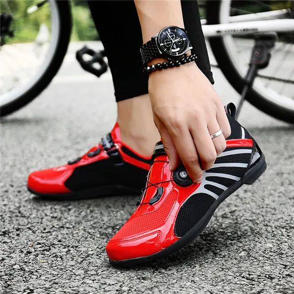 1118RedBikeShoes Кружевное боа система велосипедная обувь для мужчин легкие велосипедные Кроссовки Женская обувь для горного велосипеда дышащая Спортивная обувь - Цвет: 1118RedBikeShoes