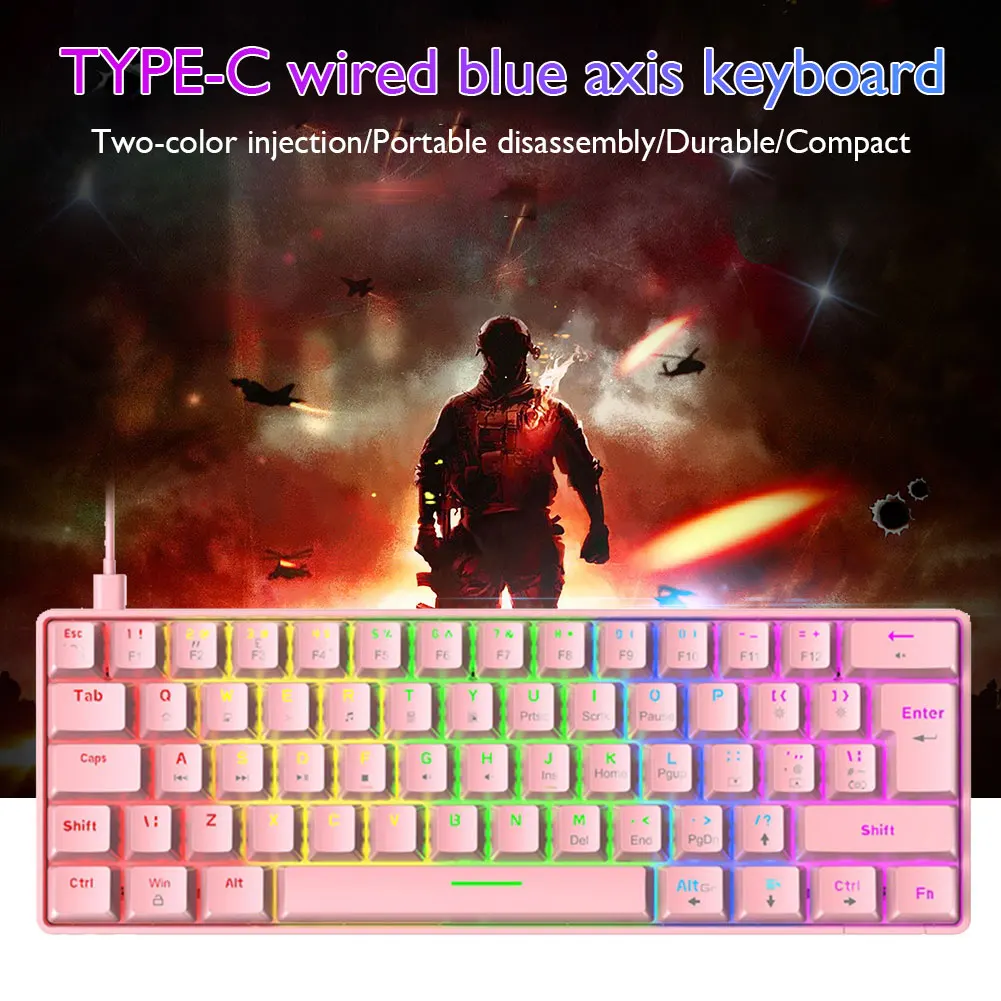 2021 new backlit t60 gaming mechanical keyboard type c wired 62 keys blue switch pc computer for laptop computer free global shipping