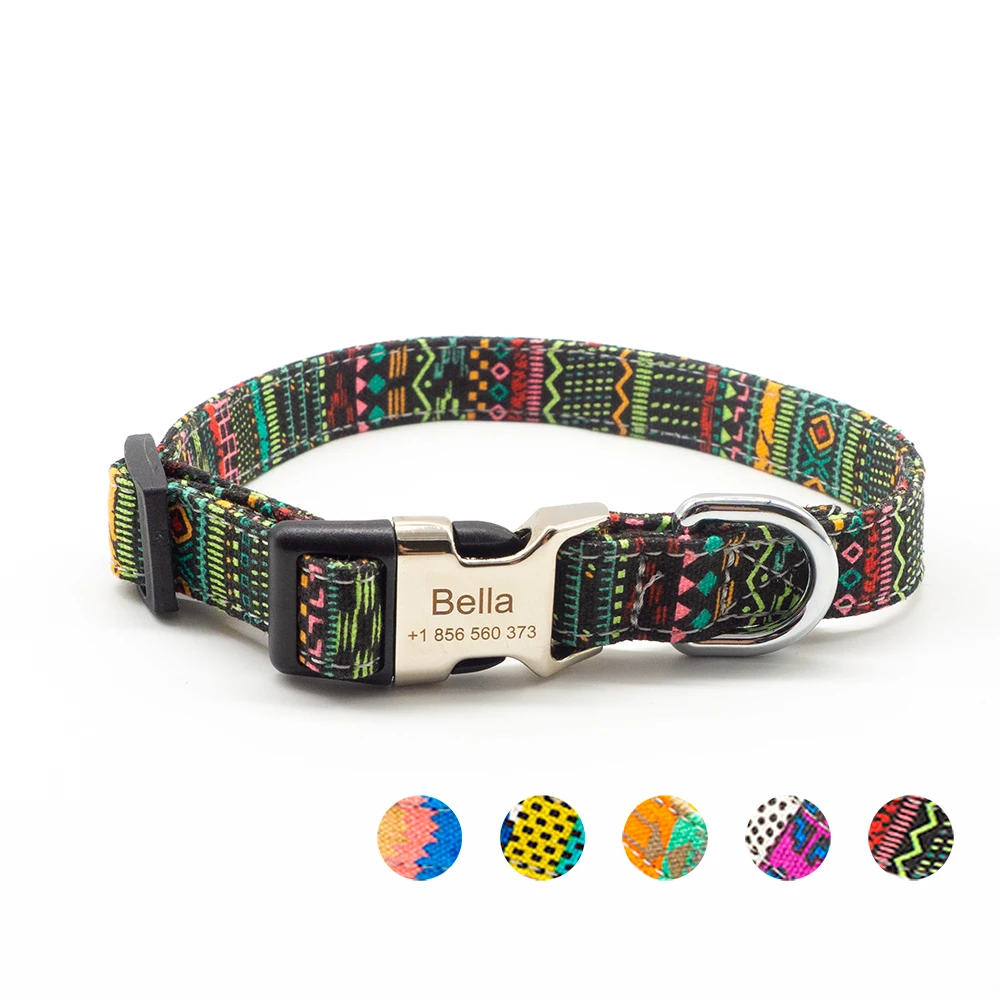 

Bohemian style Custom Dog Collar with Pet ID Name Nylon Engraved Collar for Small/Medium/Large Dogs with Nameplate Pet Products